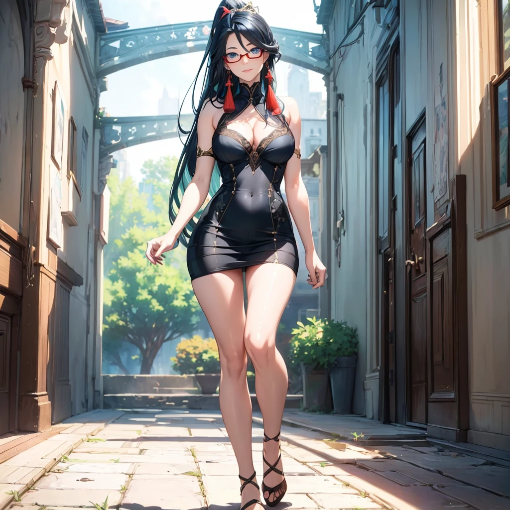 ((1girl, solo)), beautiful body, (perfect anatomy, perfect body, perfect hands, perfect legs), natural proportions, sexy body, large breasts, ((full body, full body front)) BREAK
((extremely detailed face)), (beautiful detailed eyes:1.6), (realistic pupils, realistic iris:1), expressive eyes, looking at viewer, (clear eyes:1.3), (hyperrealistic:1.2), (detailed skin texture:1.2), smooth skin, ((blue eyes)), (black hair:1.3), multicolored hair, two-tone hair, streaked hair, gradient hair, long hair, very long hair, high ponytail, bangs, parted bangs, sidelocks, ((red tassel earrings)), hair ornament, hair stick, glasses, semi-rimless eyewear, red-framed eyewear, ((mature female)), ((little smile)), (detailed lips:1.2), (attractive lips:1.1), (glossy lips:1), (parted lips), perfect face, perfect eyes BREAK
(masterpiece:1.5), anime-style, top quality, best quality, (beautiful and aesthetic:1.2), (ultra detail:1.5), Ultra-detailed depiction, Ultra-precise depiction, extremely detailed 8k illustration, high resolution, (highly detailed shading:1.2), (realistic lighting:1.4), perfect lighting, vibrant colors, dynamic tones, striking hues, 8k, absurd resolution, perfect shadows, hdr, UHD, ambient lighting, realistic, ultra-realistic, photo realistic, highly detailed, rich detail, luminous colors, fine texture, intricate design, professional illustration, (soft light:1.2), (illustration:0.7)