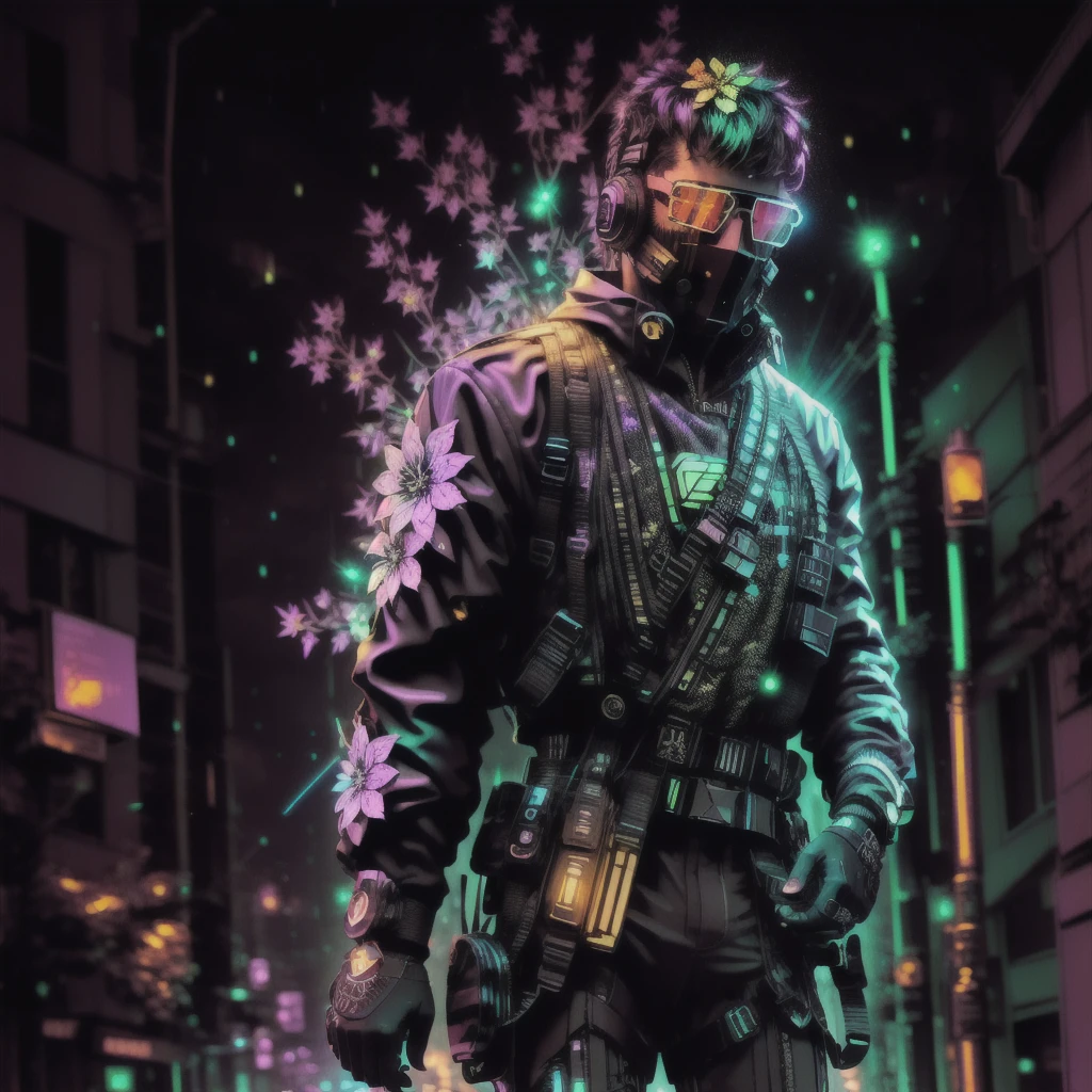 Award-winning masterpiece photo of a cyborg man with psychedelic flowers, standing on a city street at night in the rain., wear glowing neon glasses, 8 k, (high quality:1.1), (Cinematic Feel:1.1), dark deep shadows, incredibly intricate detailing, art , (close:1.1), Above, Looking at the viewer, (the light sparkles:1.1), (Chromatic aberration,:1.2) background with floating light artifacts