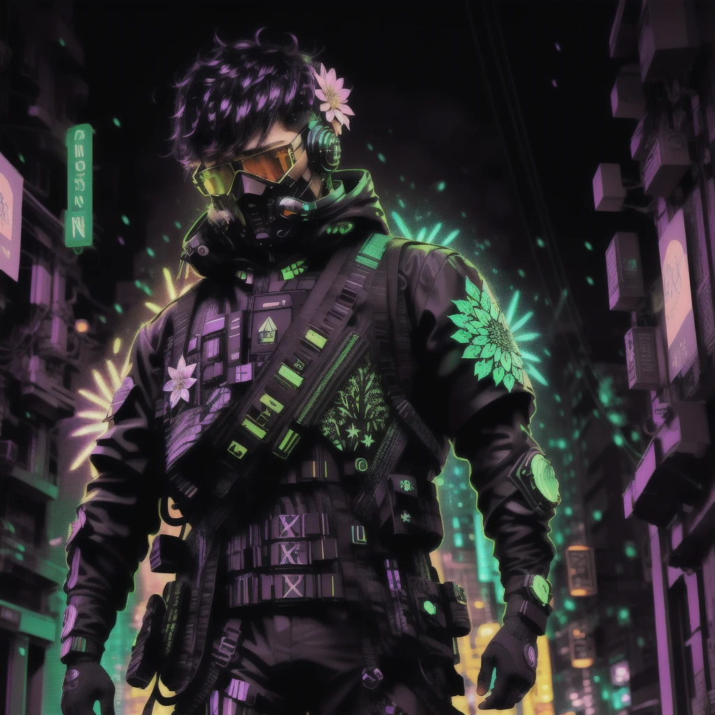 Award-winning masterpiece photo of a cyborg man with psychedelic flowers, standing on a city street at night in the rain., wear glowing neon glasses, 8 k, (high quality:1.1), (Cinematic Feel:1.1), dark deep shadows, incredibly intricate detailing, art , (close:1.1), Above, Looking at the viewer, (the light sparkles:1.1), (Chromatic aberration,:1.2) background with floating light artifacts