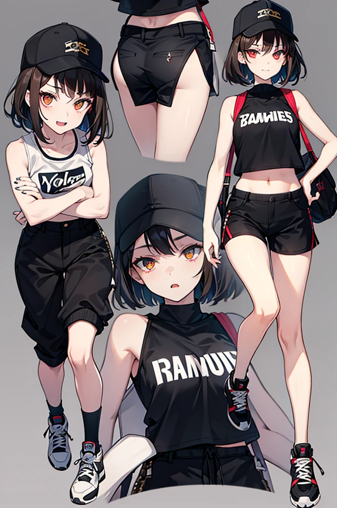 a young woman with short blackish-brown hair and golden eyes with black irises. She has a muscular but slim build, fang-like front teeth, and black-painted talons similar to those of a vampire. For clothing, she wears her signature baseball cap along with a plethora of different modern outfits and casual outfits like black colored cropped pants, sleeveless shirt and short boots or sneakers.