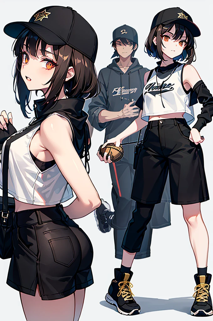 a young woman with short blackish-brown hair and golden eyes with black irises. She has a muscular but slim build, fang-like front teeth, and black-painted talons similar to those of a vampire. For clothing, she wears her signature baseball cap along with a plethora of different modern outfits and casual outfits like black colored cropped pants, sleeveless shirt and short boots or sneakers.