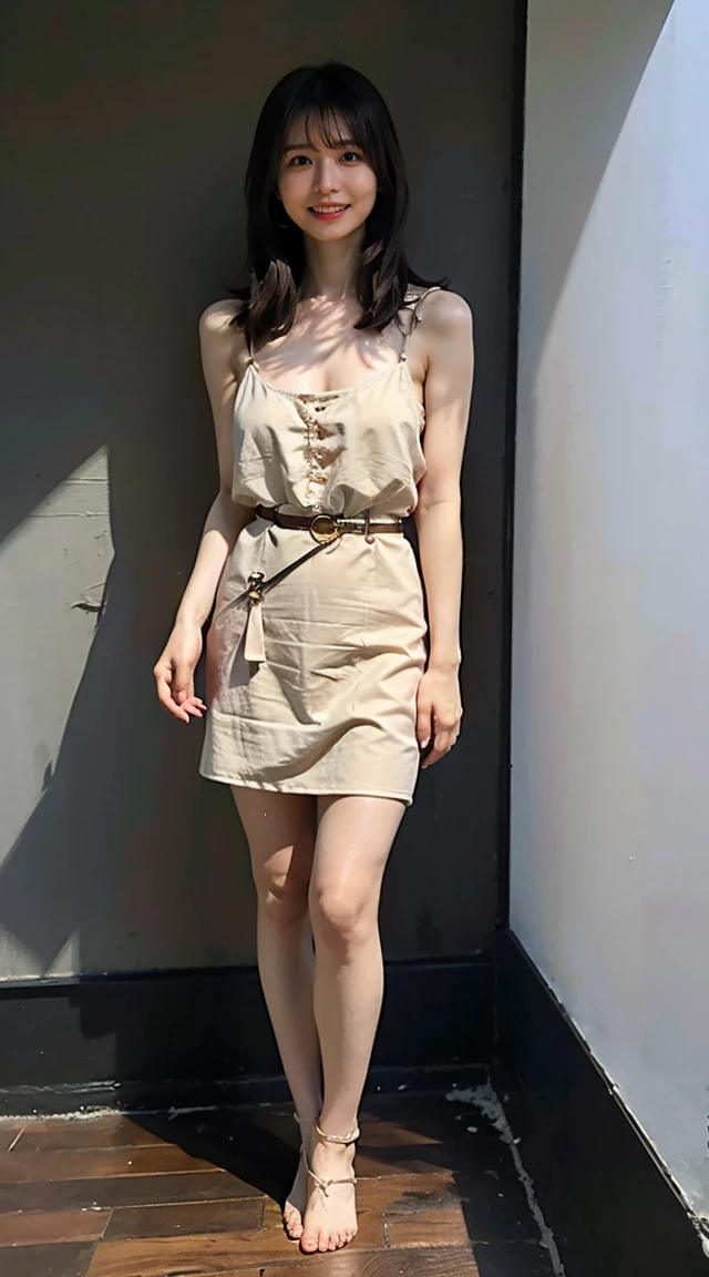 (8K、RAW Photos、Highest quality、masterpiece:1.2)、(Realistic、Realistic)、1 Girl、((Camisole dress、I can see your feet、belt、Big Breasts、Front view、stand with feet apart、)、Lots of eyelashes、Add shine to your eyelids、skeletally correct、Sweaty body、Beautifully trimmed fingertips、smile、Stand with hands on hips、 null