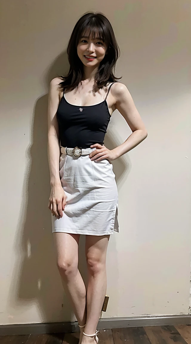 (8K、RAW Photos、Highest quality、masterpiece:1.2)、(Realistic、Realistic)、1 Girl、((Camisole dress、I can see your feet、belt、Big Breasts、Front view、stand with feet apart、)、Lots of eyelashes、Add shine to your eyelids、skeletally correct、Sweaty body、Beautifully trimmed fingertips、smile、Stand with hands on hips、 null