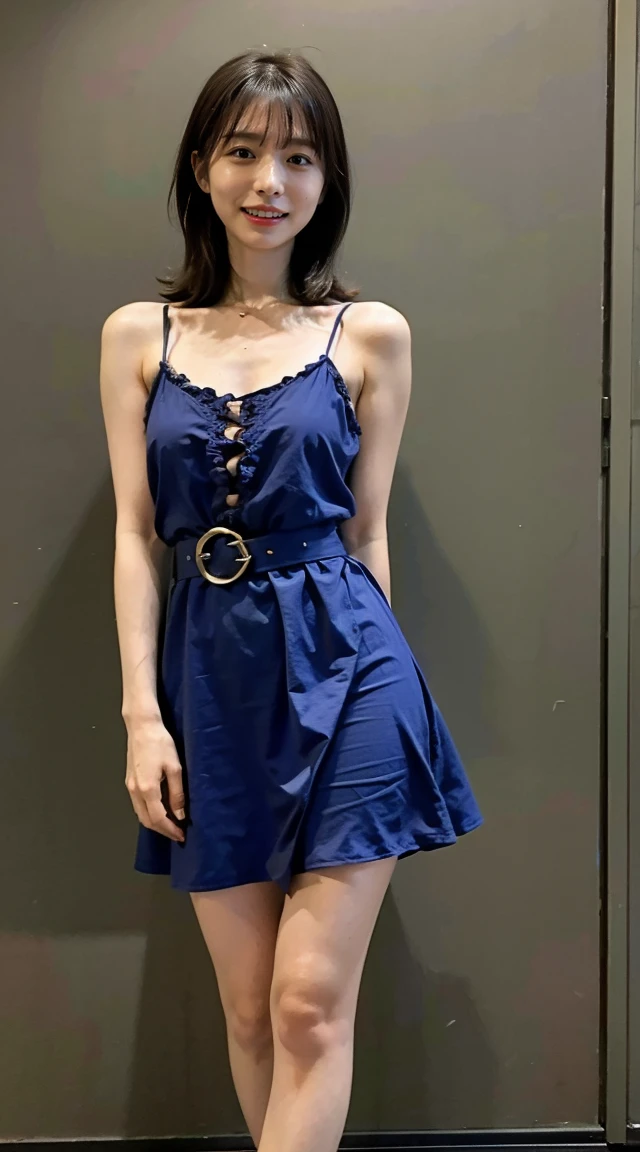 (8K、RAW Photos、Highest quality、masterpiece:1.2)、(Realistic、Realistic)、1 Girl、((Camisole dress、I can see your feet、belt、Big Breasts、Front view、stand with feet apart、)、Lots of eyelashes、Add shine to your eyelids、skeletally correct、Sweaty body、Beautifully trimmed fingertips、smile、Stand with hands on hips、 null