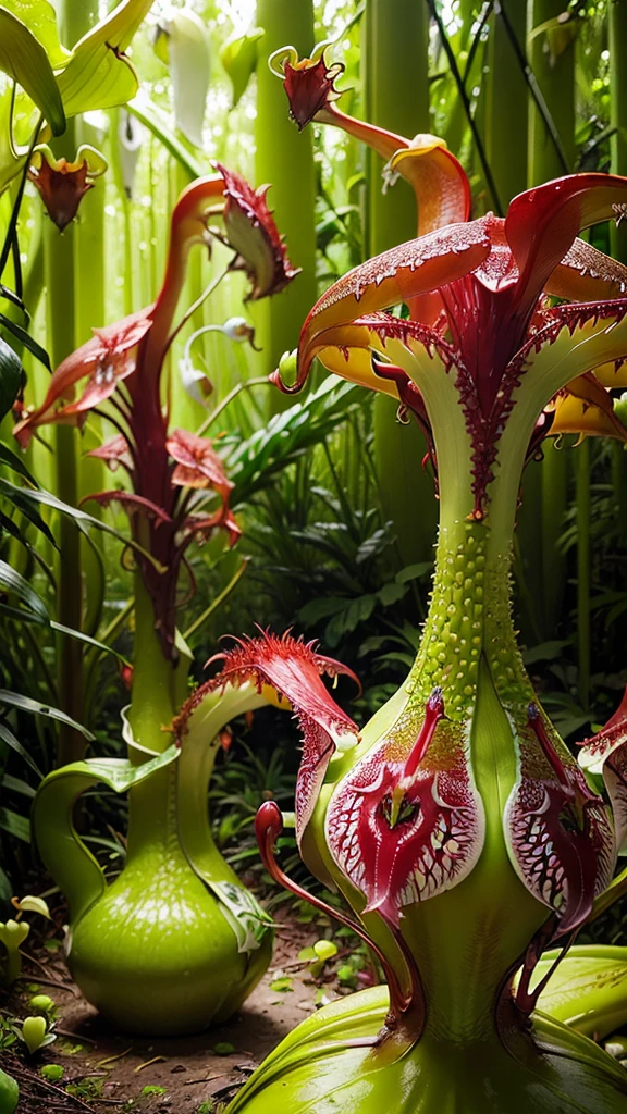 (tropical pitcher plants :1.5),with a large mouth and sharp teeth.,in the forest, landscape:1.5