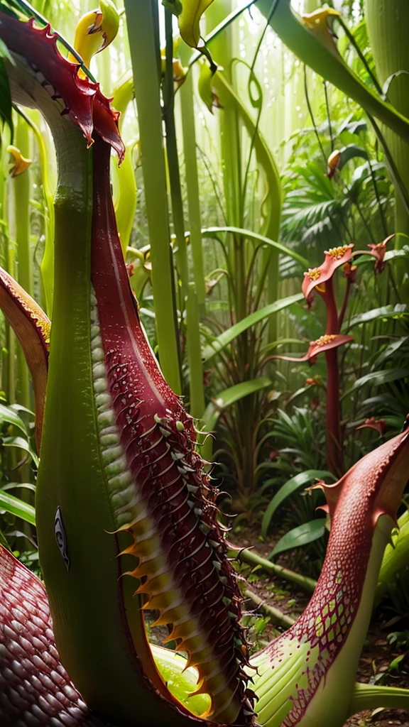 (tropical pitcher plants :1.5),with a large mouth and sharp teeth.,in the forest, landscape:1.5