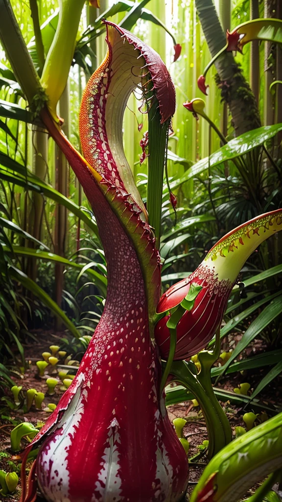 (tropical pitcher plants :1.5),with a large mouth and sharp teeth.,in the forest, landscape:1.5