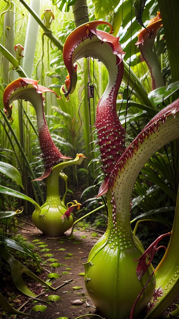 (tropical pitcher plants :1.5),with a large mouth and sharp teeth.,in the forest, landscape:1.5