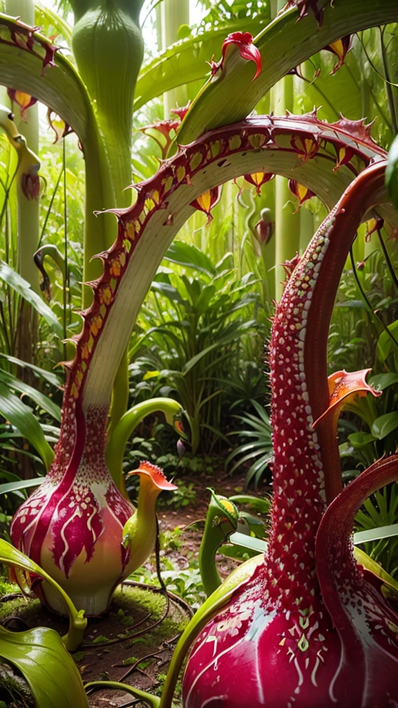 (tropical pitcher plants :1.5),with a large mouth and sharp teeth.,in the forest, landscape:1.5