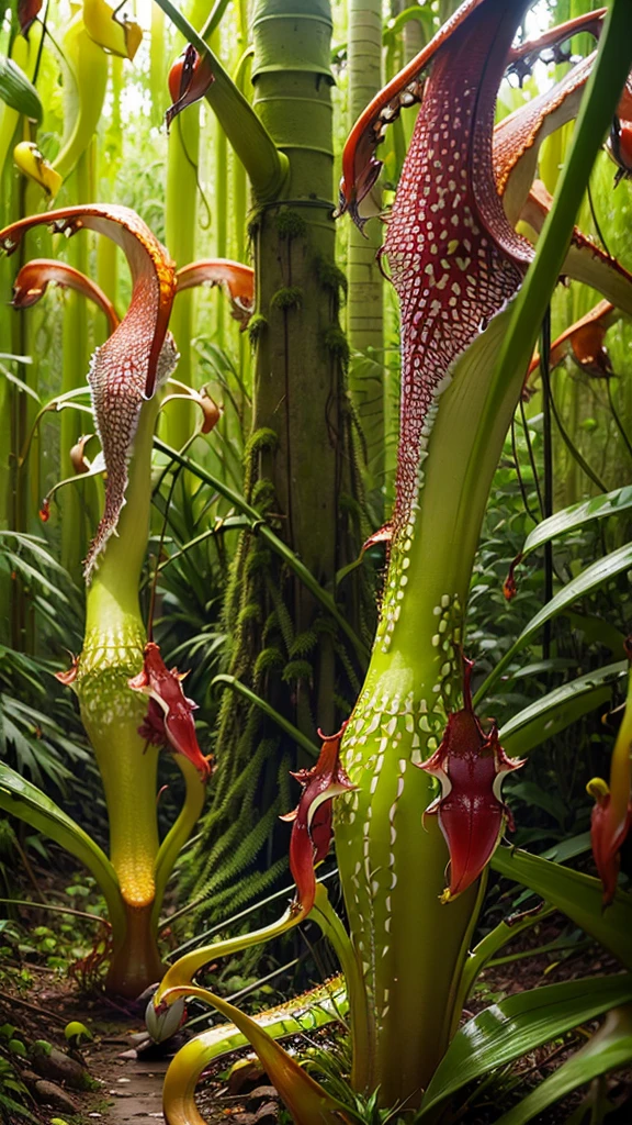 (tropical pitcher plants :1.5),with a large mouth and sharp teeth.,in the forest, landscape:1.5