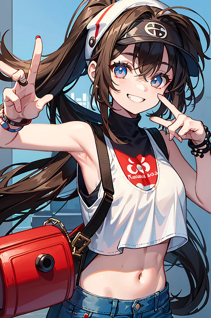 This character is a young girl with long brown hair tied in a high ponytail. She wears a white cap with a red symbol, a white tank top, a black sleeveless jacket, ripped denim shorts and black bracelets. She also has a gray shoulder bag. Her eyes are big and blue, and she makes a peace sign with her left hand, while smiling.