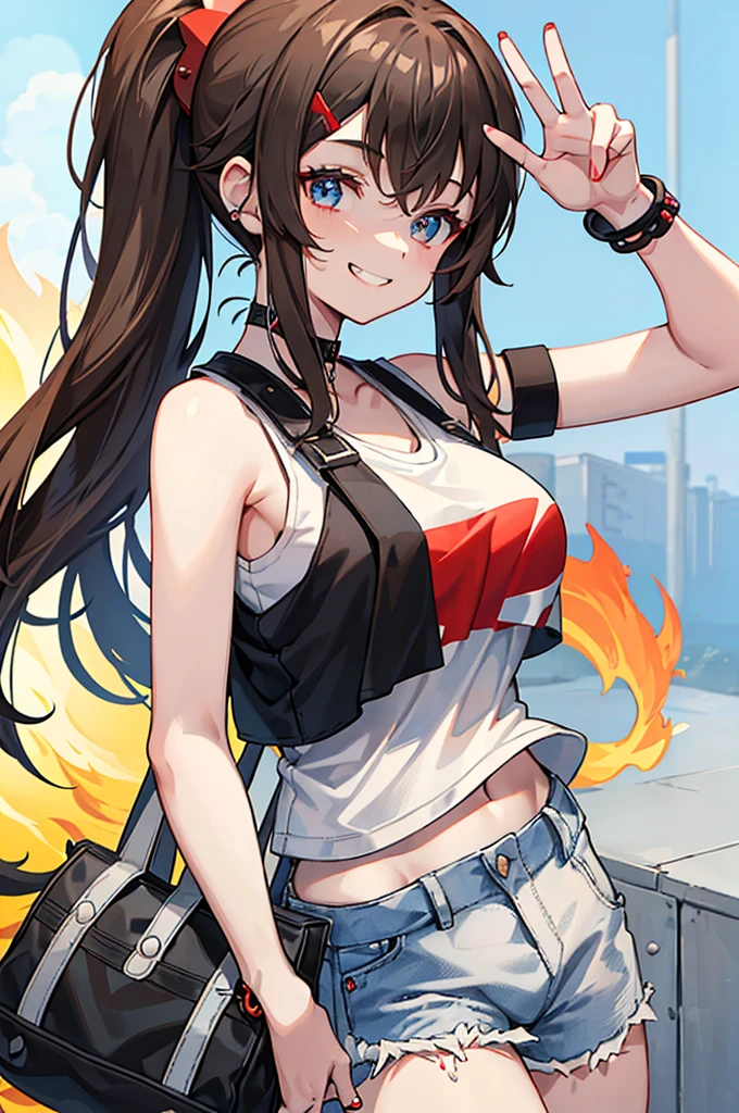 This character is a young girl with long brown hair tied in a high ponytail. She wears a white cap with a red symbol, a white tank top, a black sleeveless jacket, ripped denim shorts and black bracelets. She also has a gray shoulder bag. Her eyes are big and blue, and she makes a peace sign with her left hand, while smiling.