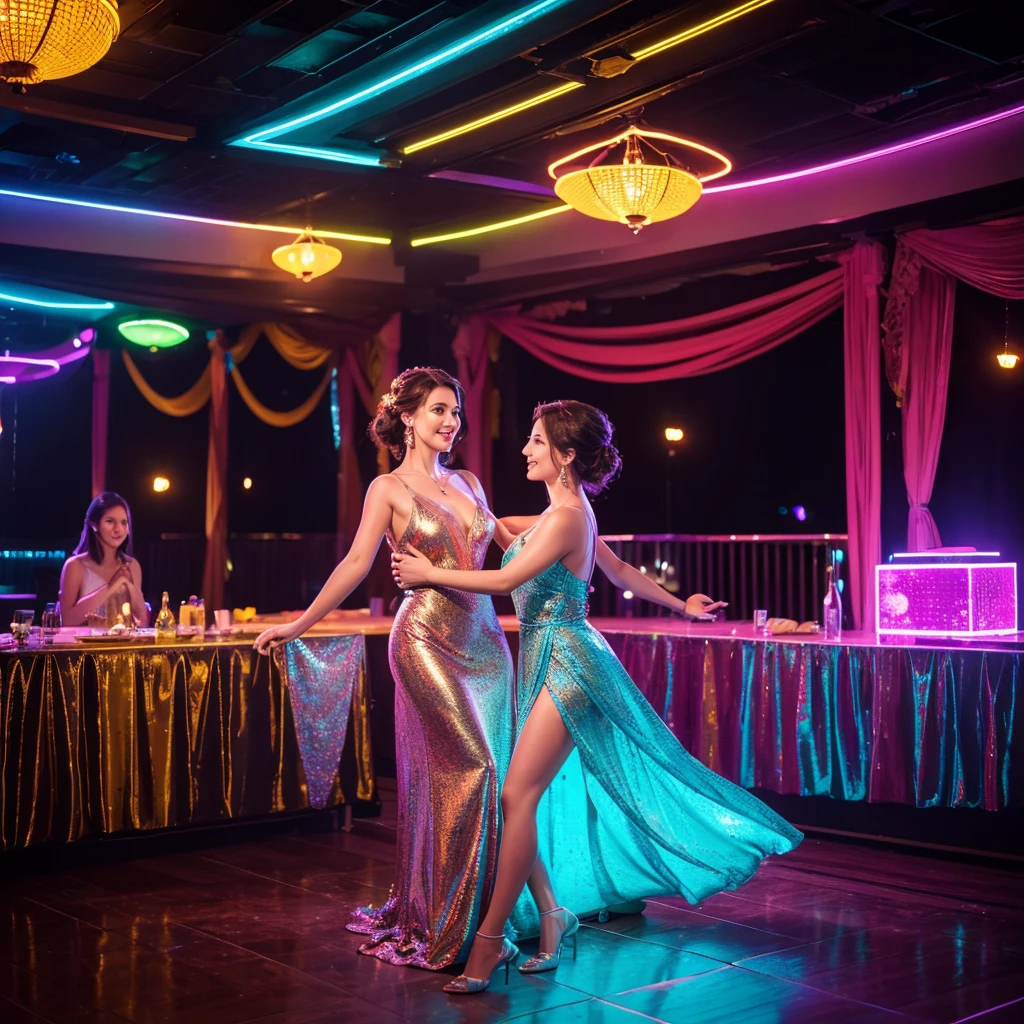 2 beautiful women dressed in elegant gowns dancing on a lively dance floor, DJ booth with neon lights, vibrant disco lights, luxurious suburban mansion interior, people drinking and enjoying themselves, barbecue setup, bright and colorful lighting, energetic and festive atmosphere, (best quality,4k,8k,highres,masterpiece:1.2),ultra-detailed,(realistic,photorealistic,photo-realistic:1.37),HDR,studio lighting,extremely detailed,professional,vivid colors,dramatic lighting,concept art