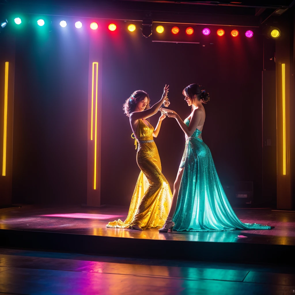 2 beautiful women dressed in elegant gowns dancing on a lively dance floor, DJ booth with neon lights, vibrant disco lights, luxurious suburban mansion interior, people drinking and enjoying themselves, barbecue setup, bright and colorful lighting, energetic and festive atmosphere, (best quality,4k,8k,highres,masterpiece:1.2),ultra-detailed,(realistic,photorealistic,photo-realistic:1.37),HDR,studio lighting,extremely detailed,professional,vivid colors,dramatic lighting,concept art