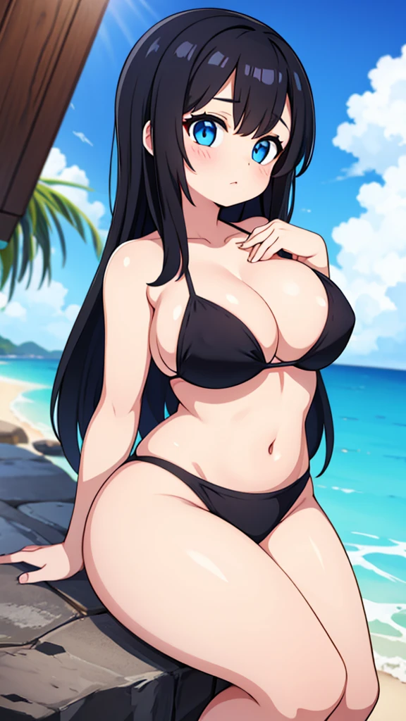 Black-haired, blue-eyed, large-breasted woman wearing a bikini .