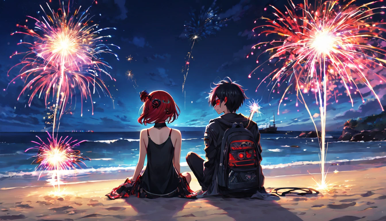 Sit down and light fireworks２people、Boys and Girls、teenager、cyber punk、Red eyes、Glowing Eyes、Beach、Sparkler