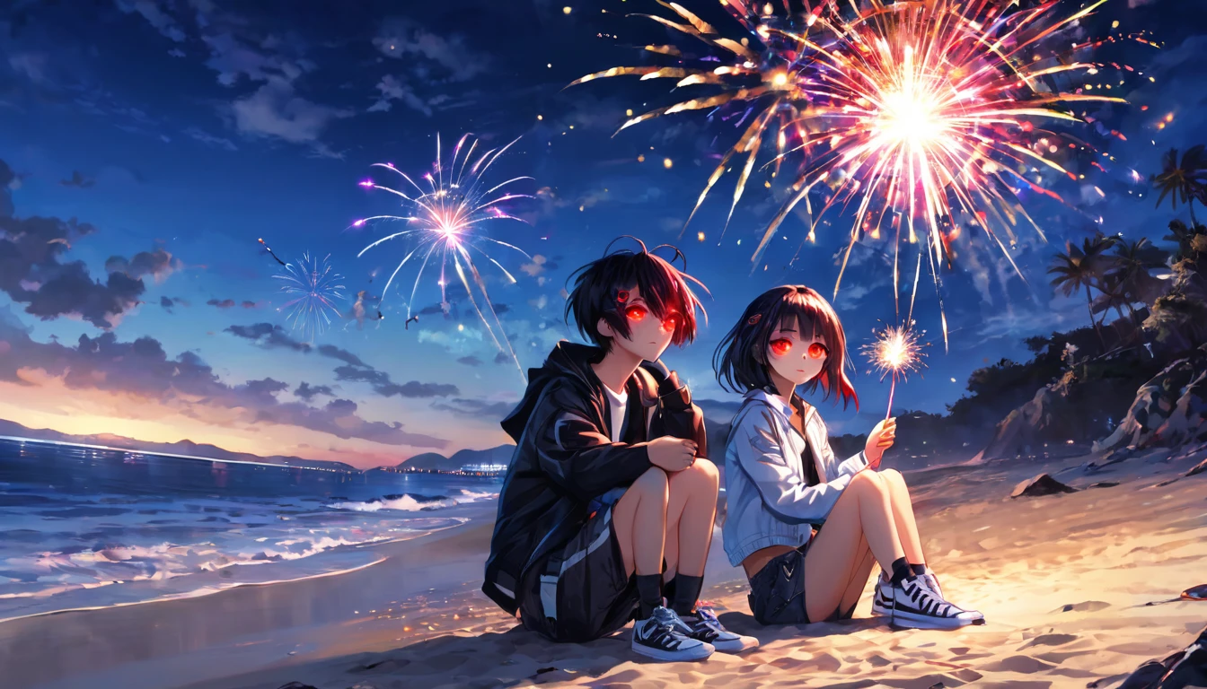 Sit down and light fireworks2people、Boys and Girls、ager、cyber punk、Red eyes、Glowing Eyes、Beach、Sparkler