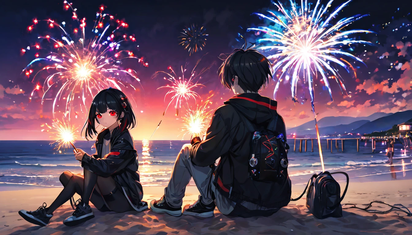 Sit down and light fireworks２people、Boys and Girls、teenager、cyber punk、Red eyes、Glowing Eyes、Beach、Sparkler