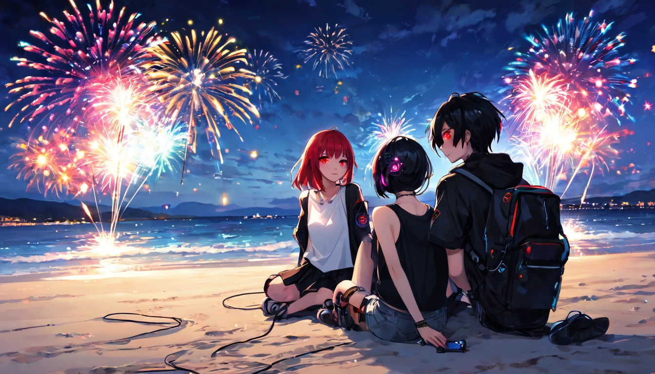 Sit down and light fireworks２people、Boys and Girls、teenager、cyber punk、Red eyes、Glowing Eyes、Beach、Sparkler