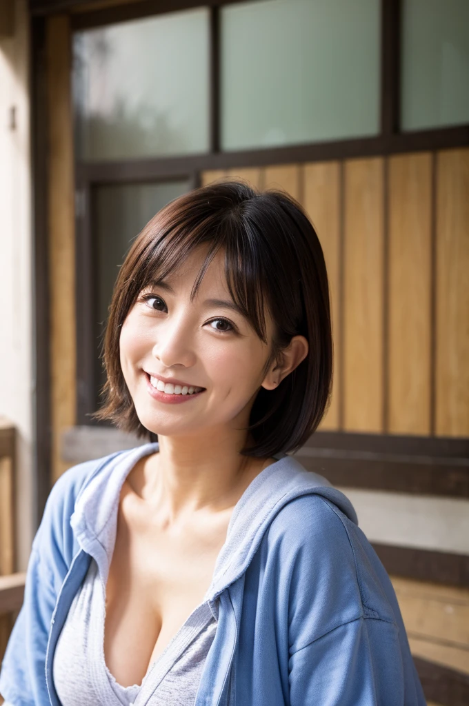 48 years old　Big Breasts　woman　A kind smile　Big eyes　Front teeth　Short Bob Hair　Japanese　classmate　Saggy breasts