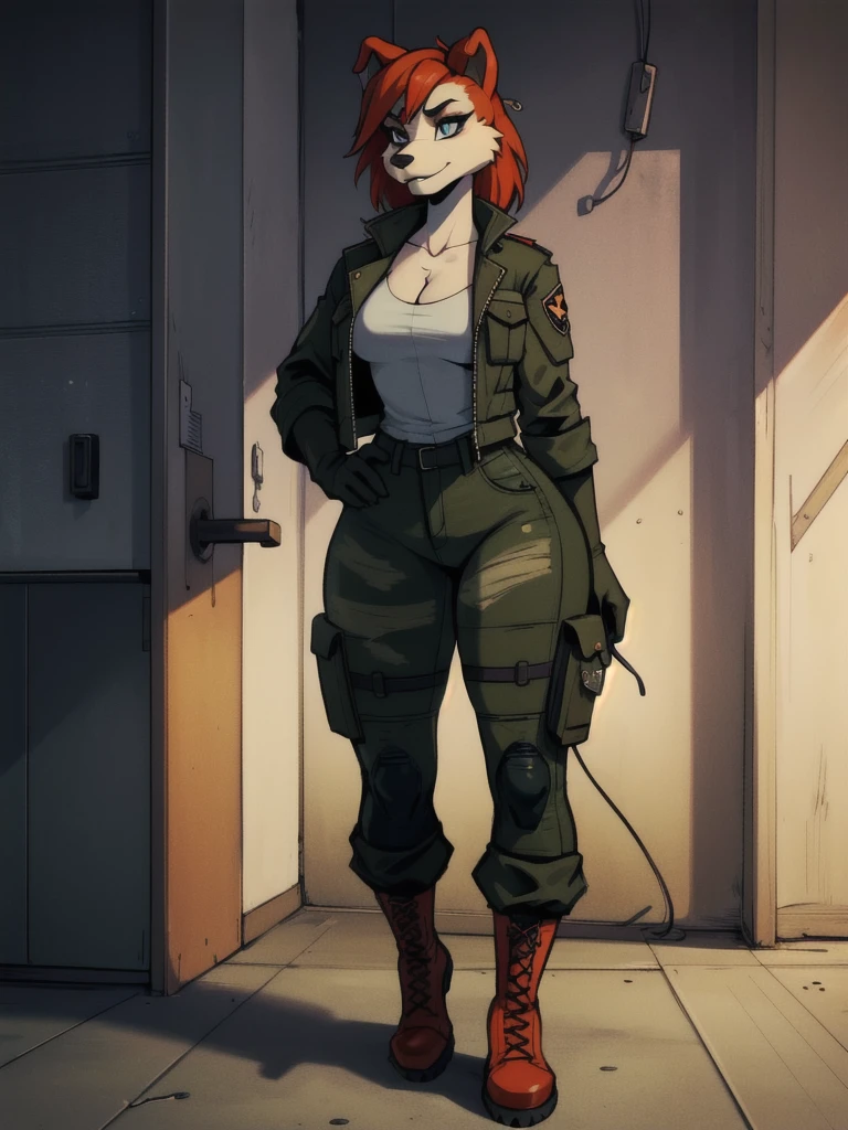 a young furry woman in a camouflage jacket, tactical gloves, camouflage pants, army boots, furry, highly detailed face, beautiful detailed eyes, beautiful detailed lips, extremely detailed eyes and face, long eyelashes, photorealistic, 8k, hyperdetailed, cinematic lighting, dramatic shadows, vibrant colors, gritty military aesthetic, weathered look, grunge, moody atmosphere