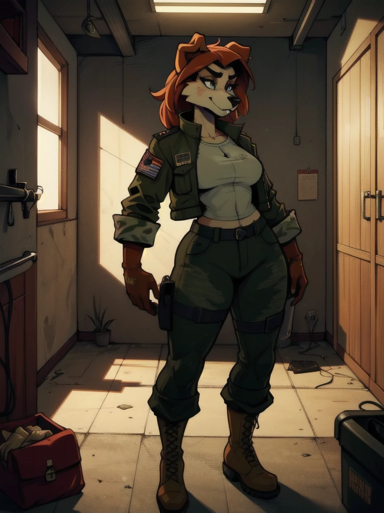 a young furry woman in a camouflage jacket, tactical gloves, camouflage pants, army boots, furry, highly detailed face, beautiful detailed eyes, beautiful detailed lips, extremely detailed eyes and face, long eyelashes, photorealistic, 8k, hyperdetailed, cinematic lighting, dramatic shadows, vibrant colors, gritty military aesthetic, weathered look, grunge, moody atmosphere