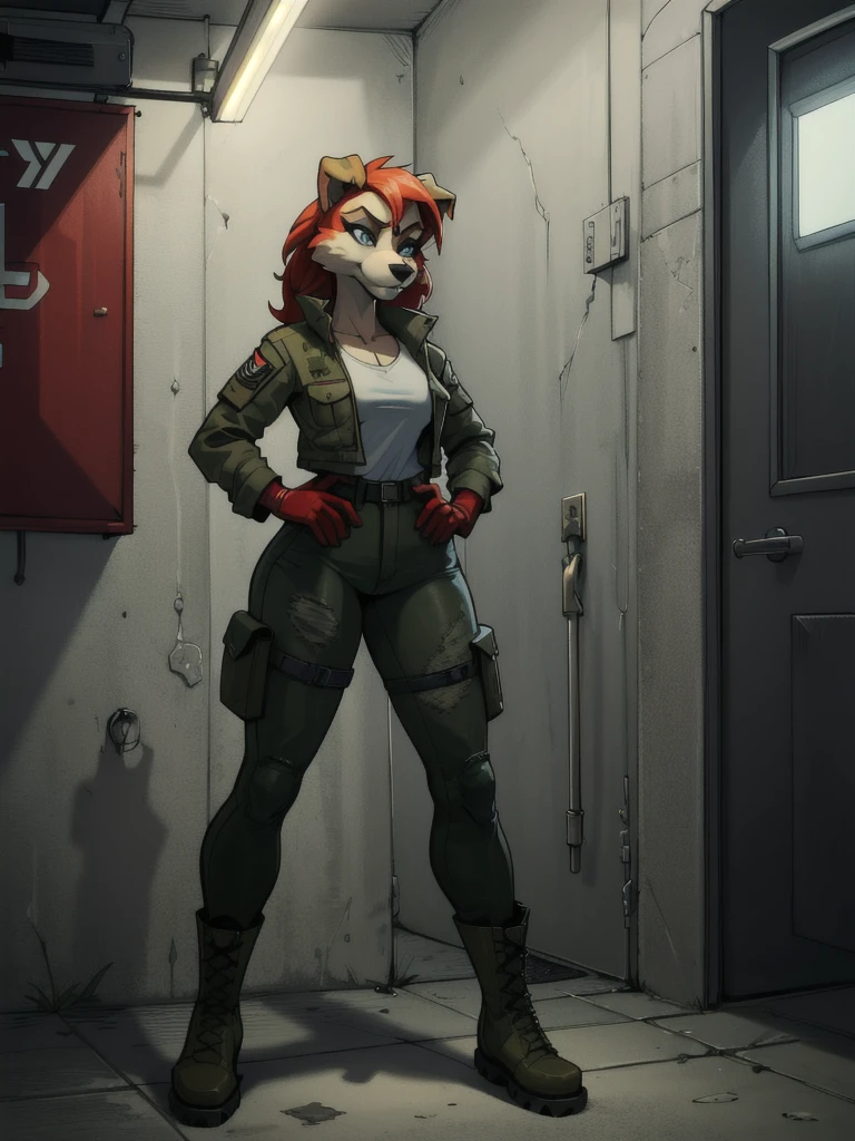 a young furry woman in a camouflage jacket, tactical gloves, camouflage pants, army boots, furry, highly detailed face, beautiful detailed eyes, beautiful detailed lips, extremely detailed eyes and face, long eyelashes, photorealistic, 8k, hyperdetailed, cinematic lighting, dramatic shadows, vibrant colors, gritty military aesthetic, weathered look, grunge, moody atmosphere