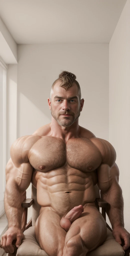 (masterpiece, intricately detailed, highest resolution, best quality:1.2),a cocky male model,a 50 y.o muscle daddy with a muscular physique sitting on a chair completely naked with blue eyes,shaved head,mutton- chops,flaccid penis,saggy balls,hairy chest,vascular,muscle striations,soft light,fantastic realism,