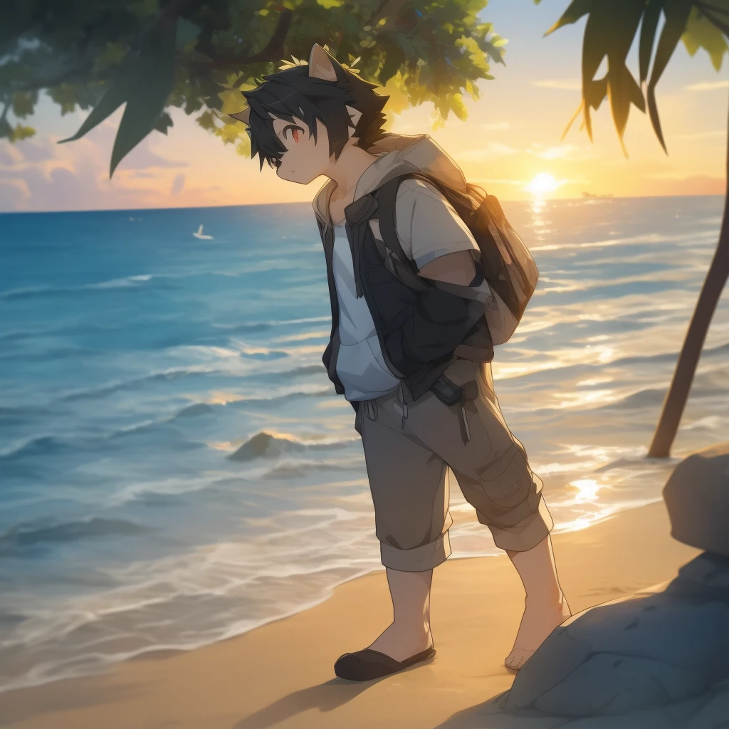 author：jrjresq, author：kirito, Libido boy, furry raccoon, Fursona raccoon , Black and grey hair, Very good figure, Handsome, adolable, Light：Hazy light and shadow, Reflective skin, Reddish skin, worn-out clothing，Commoner, beachside，standing on the rock，sandbeach，solo person，solo，1doy, Outdoor sunset, the detail, depth of fields, Libido boy