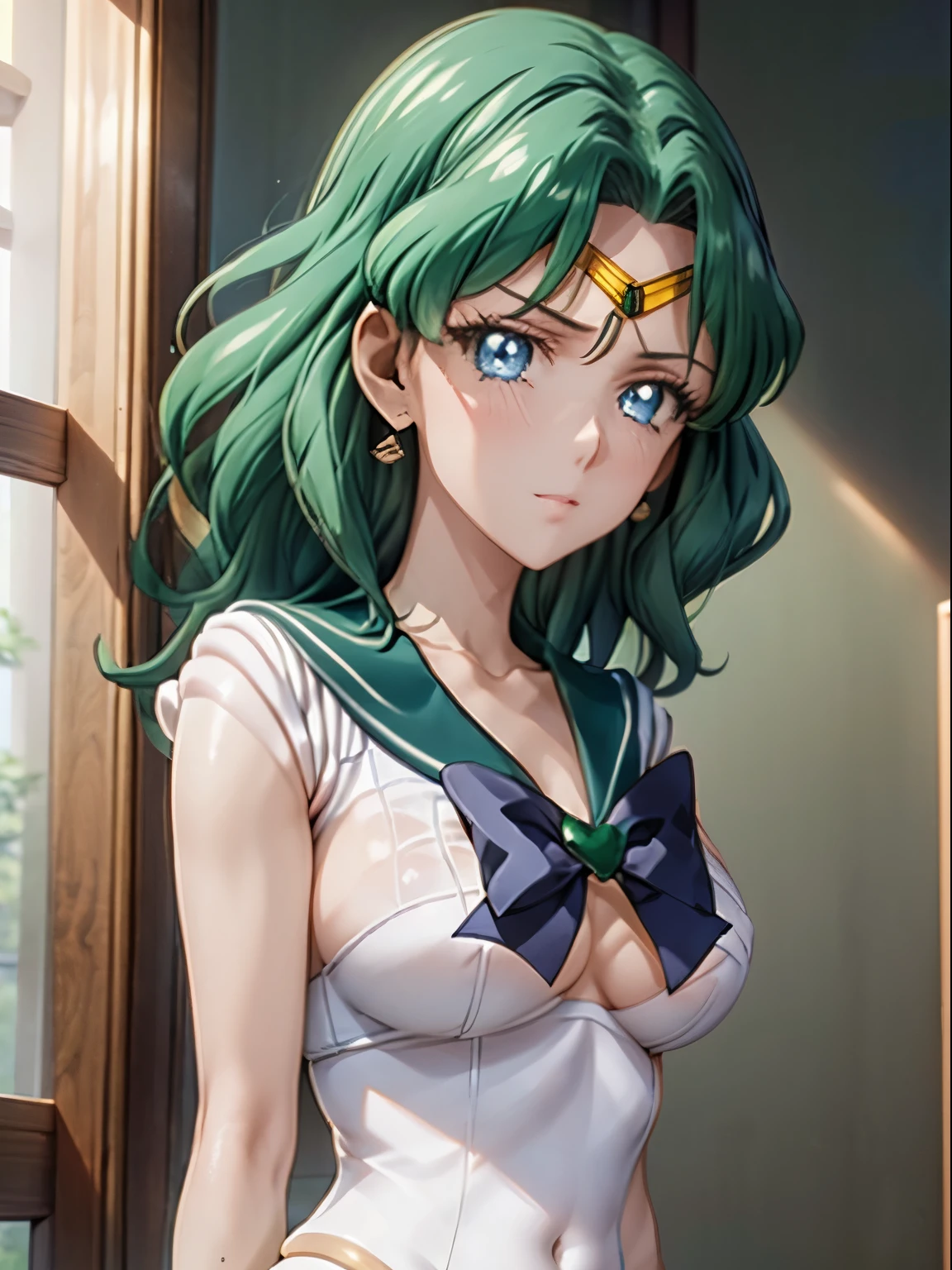 Sailor Neptune, 1 girl, green hair, short hair, blue eyes, detailed eyes, simple background, female focus, alone, standing, Michiru Kaio, portrait, full body, (Masterpiece:1.0), (best quality:1.0), (wallpaper 8k:1.0), (beautiful face detailed:1.0), (deep detailed eyes), deep eyes, looking at viewer, pink bra, white gloves, large breasts, bare abdomen, pink panties, swimming pool in the background,