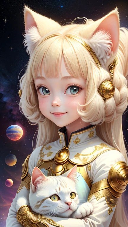 1 girl, Space Background, Ivory Gold AI Psychedelic Magic, Cat, Fairy, Clean, bright, Smile, God