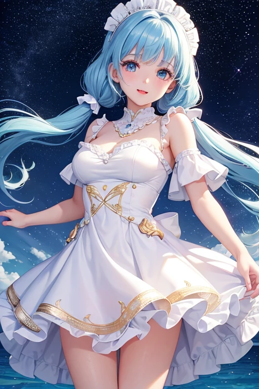 Highest quality、Highest quality、Masterpiece、woman１people、White shiny decollete dress、Golden embroidery、Frill mini skirt dress、Perfect body line、Adorable poses、Realistic、Glowing Skin、Groomed eyebrows、Pink Lips、Blue Eyes、Twin tails、Light blue hair、delicate、Shiny Hair、detailed、Skirt in the wind、Pink frills、Water Effects、The background is the starry sky and the sea
