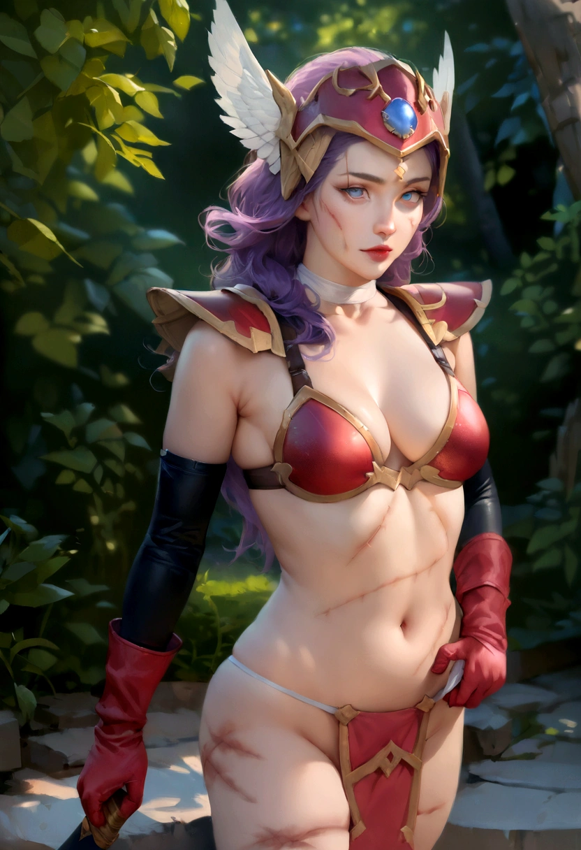 (Highest quality, masterpiece:1.4), (Realism:1.2), (absurdes:1.2), (Realistic:1.3), One girl,Realistic Skin,alone,( Very big eyes,Beautiful attention to detail, Symmetrical eyes), ((Cowboy Shot)), Edge DQ, Long Hair, chest, blue eyes, large chest, gloves, belly button, Chest cleavage, Purple Hair, choker, elbow gloves, sword, Bikini Armor, Winged Helmet, Red Armor ,wearing Edge DQ_Outdoor Armor,His armor is in tatters.、Scars on face、Wound on arm、wound on leg、Wounds on torso、bleeding from the wound、Suffering from pain、being whipped、One knee is raised、Held on a cross