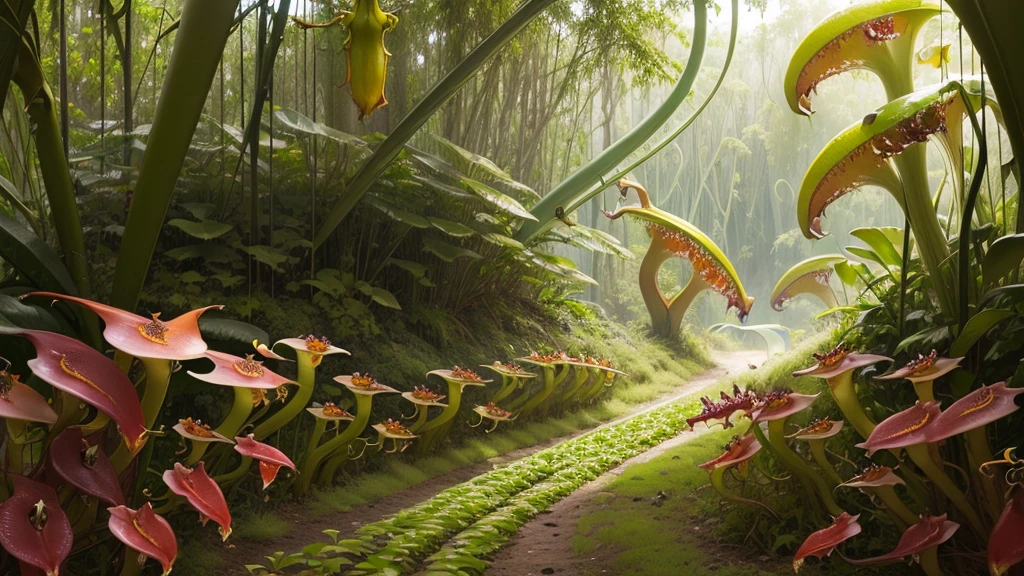 (tropical pitcher plants :1.5),with a large mouth and sharp teeth.,in the forest, (landscape:1.5)