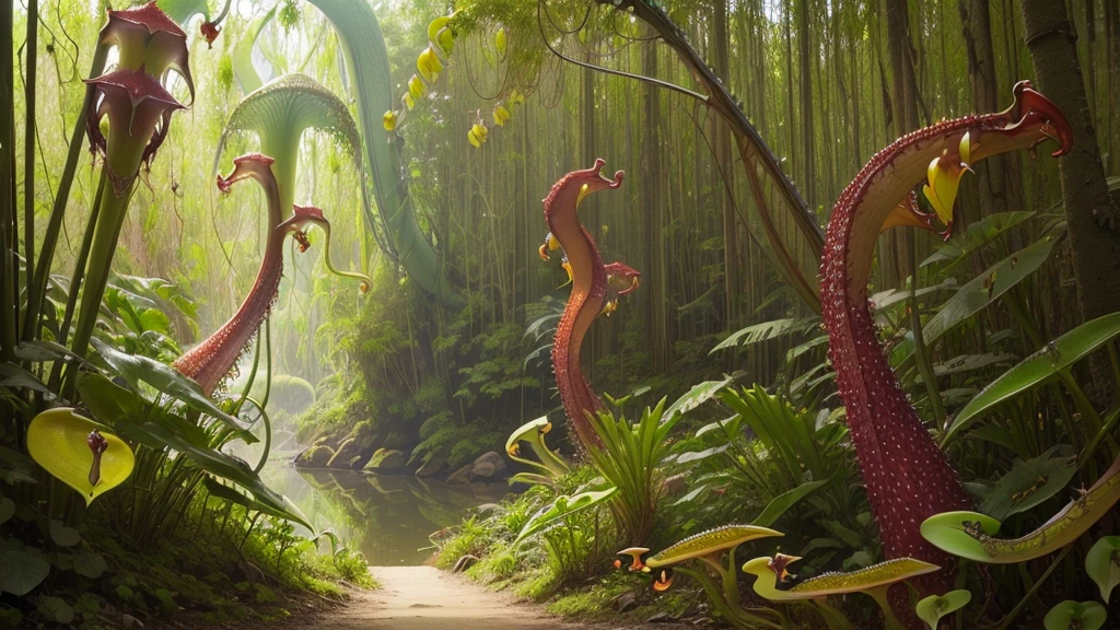 (tropical pitcher plants :1.5),with a large mouth and sharp teeth.,in the forest, (landscape:1.5)