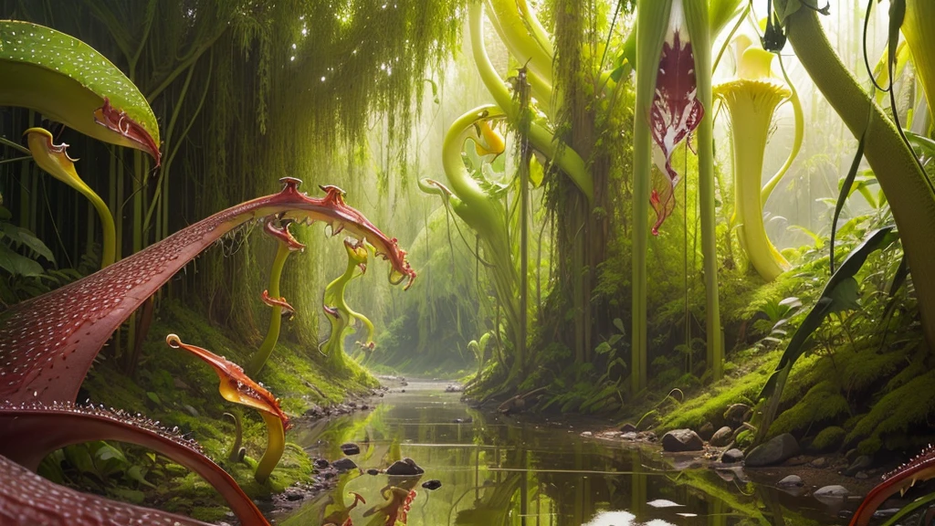 (tropical pitcher plants :1.5),with a large mouth and sharp teeth.,in the forest, (landscape:1.5)
