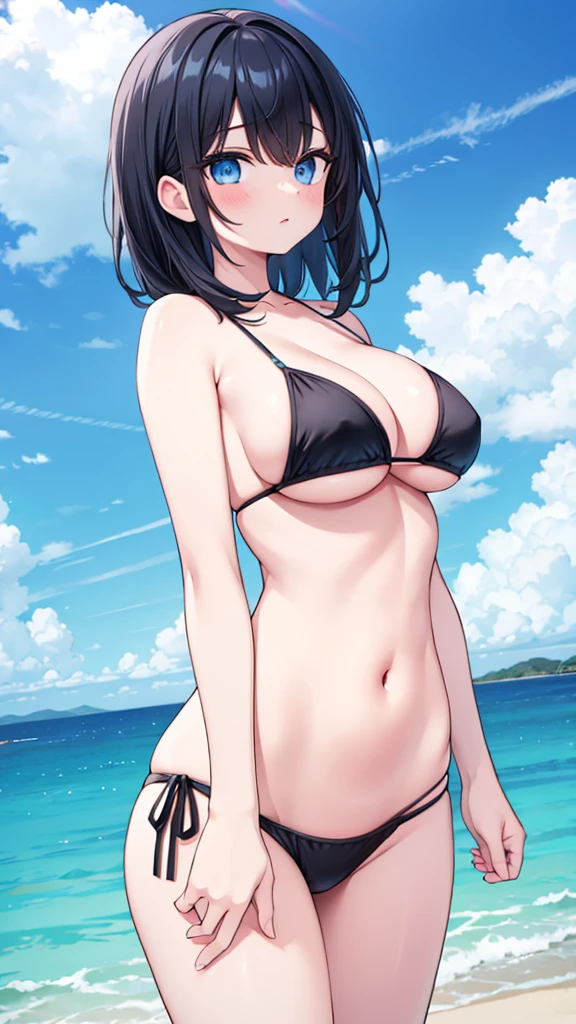 Black-haired, blue-eyed, large-breasted woman wearing a bikini .