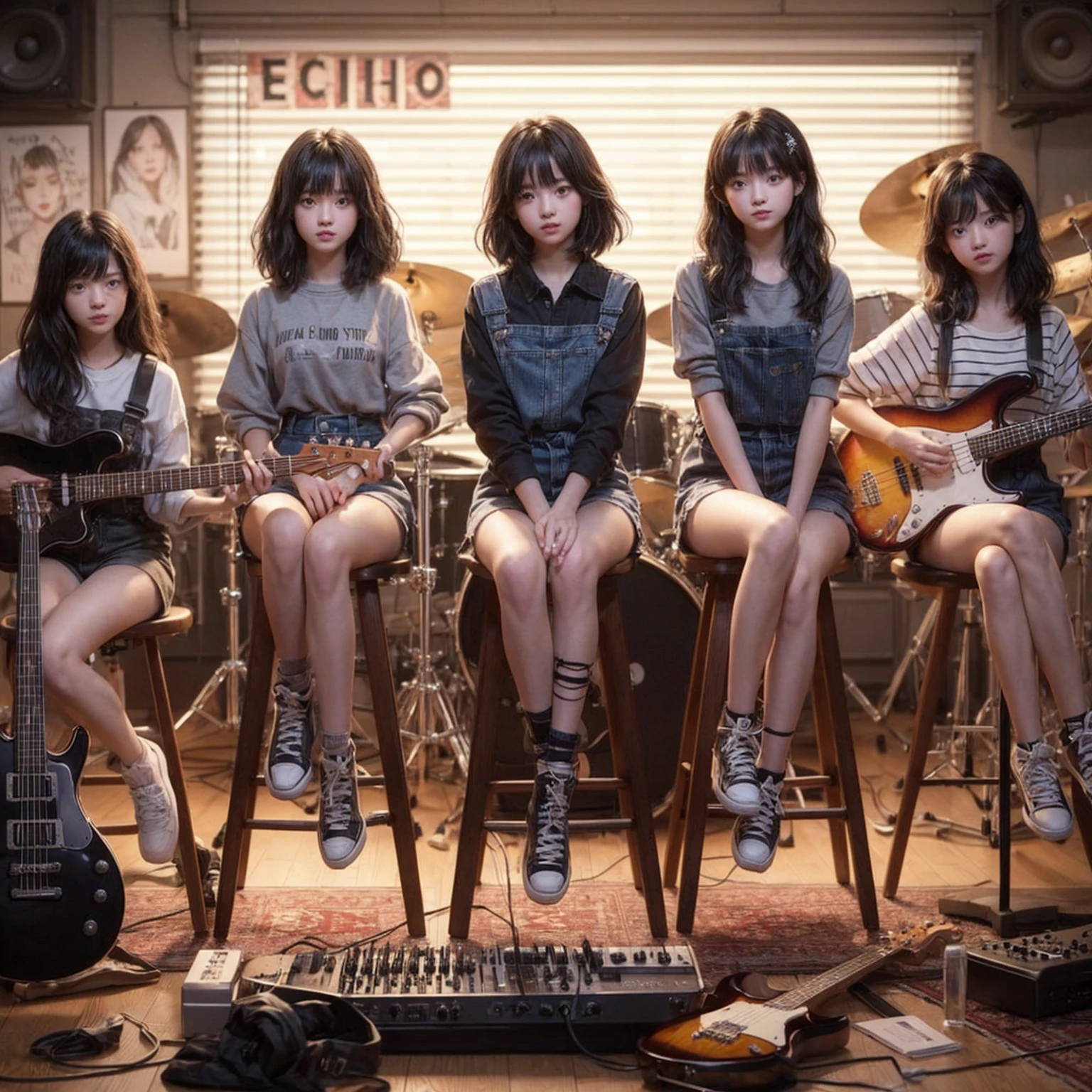 **Photo of 5 beautiful girls, aged 18 to 20, sitting:**

- **3 girls with messy black hair**
- **1 girl with wavy bob black hair**
- **1 girl with a black ponytail**

One girl is playing the drums, one girl is playing the piano, one girl is playing the bass guitar, one girl is playing the guitar, and one girl is singing. They are sitting behind a board with the word "ECHO" written on it. The background is a music studio, complete with drums, guitars, bass guitar, and piano. The image is ultra HD, 4k, photorealistic, raw, and a masterpiece.