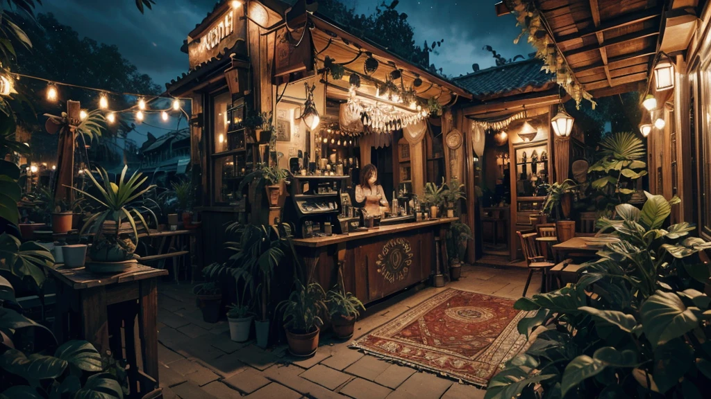 extremely detailed, bohoai coffeehouse, coffee machine, plants, coffee, night time, city lights