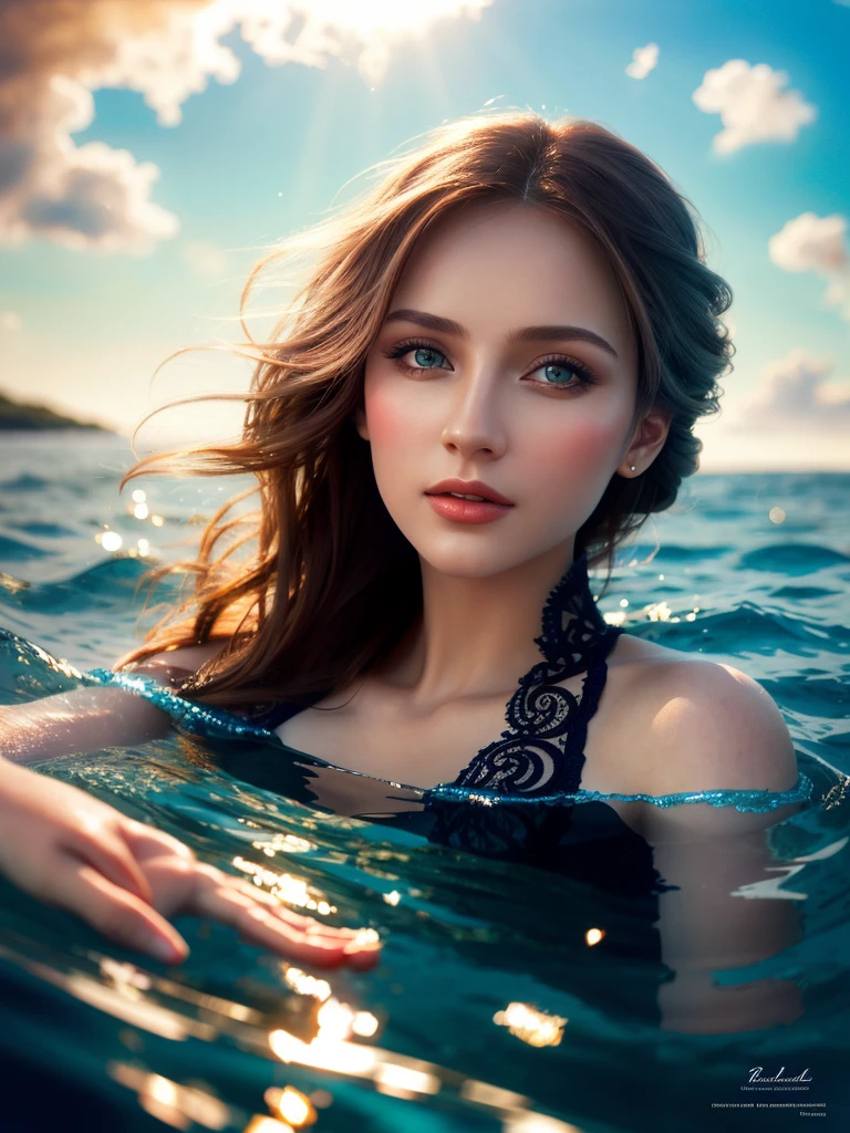 a very beautiful russian woman floating on the water, detailed face and features, beautiful sea, sunlight, calm water, photorealistic, award winning digital art, intricate details, masterpiece, vibrant colors, realistic lighting, 8k, cinematic, dramatic, sophisticated, elegant