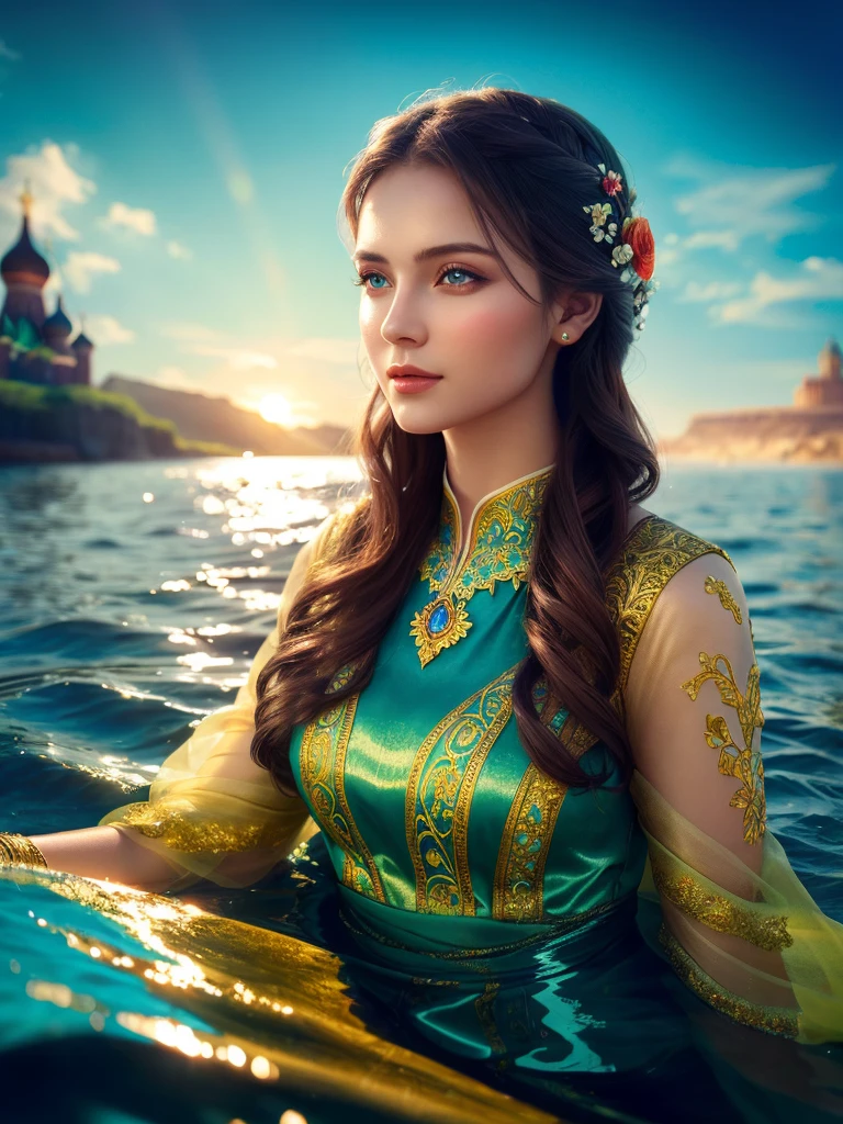 a very beautiful russian woman floating on the water, detailed face and features, beautiful sea, sunlight, calm water, photorealistic, award winning digital art, intricate details, masterpiece, vibrant colors, realistic lighting, 8k, cinematic, dramatic, sophisticated, elegant
