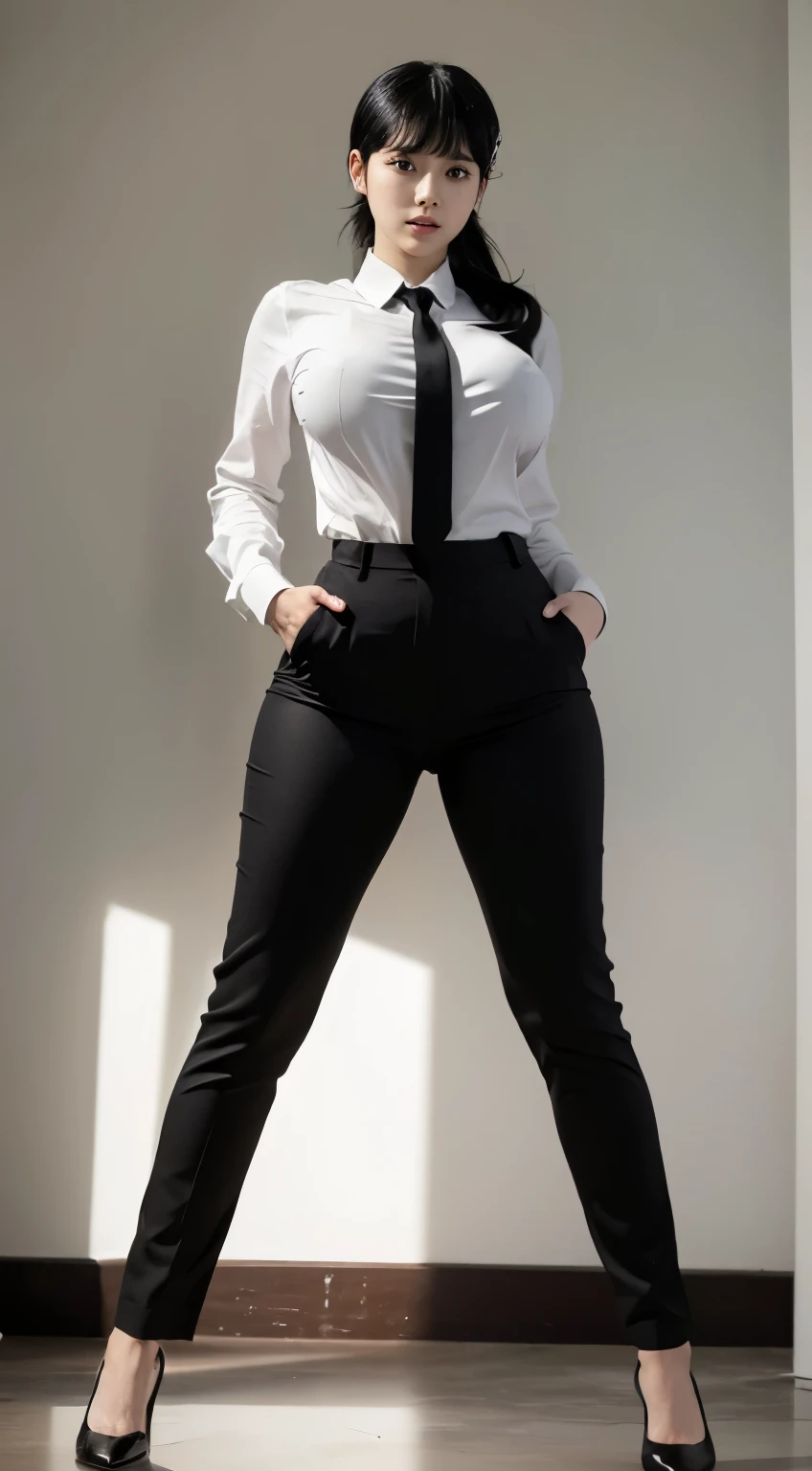 Highest quality、Ultra-high resolution、Professional Lighting、Detailed Background、workroom、full body,Kobeni-chan、A sloppy smile、25-year-old woman、beautiful girl、(Kobeni-chan、Jet black hair, Black Hair, bangs, One-sided hair,)、(Red Hair Clip:1.1)、(White shirt:1.2)+(Black tie:1.2)+(black long pants for work:1.2)、(Huge breasts that look like they might burst:1.2)、(Big thighs:1.1)、Are standing、Model pose