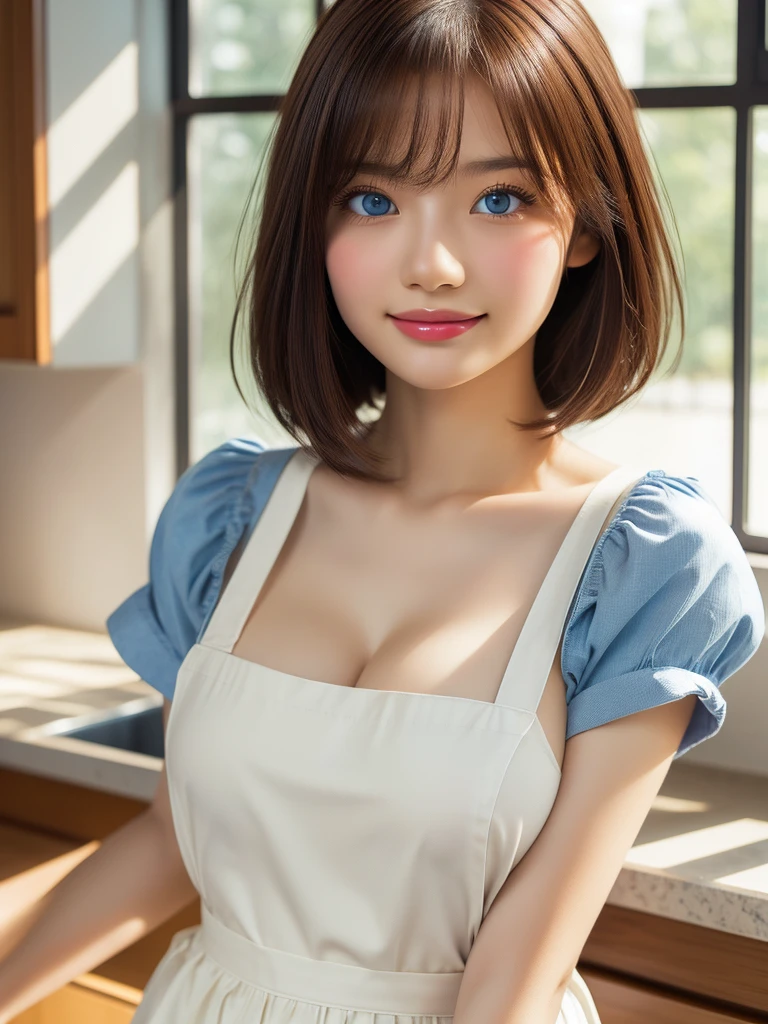 One girl, (blue eyes), (smile :1.2), (Sana Minatozaki), (close), (Beautiful Makeup :1.2), Wide Hips, big , Big Ass, (Highest quality, 8K, masterpiece: 1.3), Clear focus: 1.2, Perfect Body Beauty: 1.4, Strong Abs, Highly detailed face and skin texture, Fine grain, double eyelid, (short hair :1.2), Cleavage, (White apron), Are standing, (Lean on the table :1.2), In the kitchen, Back window