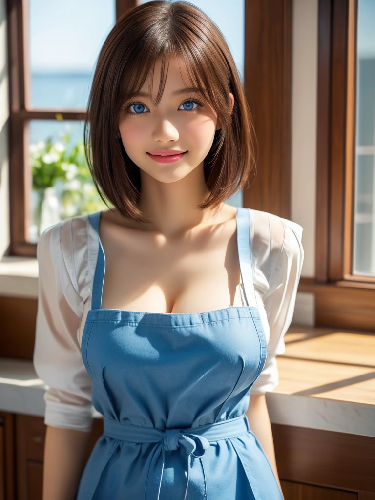 One girl, (blue eyes), (smile :1.2), (Sana Minatozaki), (close), (Beautiful Makeup :1.2), Wide Hips, big , Big Ass, (Highest quality, 8K, masterpiece: 1.3), Clear focus: 1.2, Perfect Body Beauty: 1.4, Strong Abs, Highly detailed face and skin texture, Fine grain, double eyelid, (short hair :1.2), Cleavage, (White apron), Are standing, (Lean on the table :1.2), In the kitchen, Back window