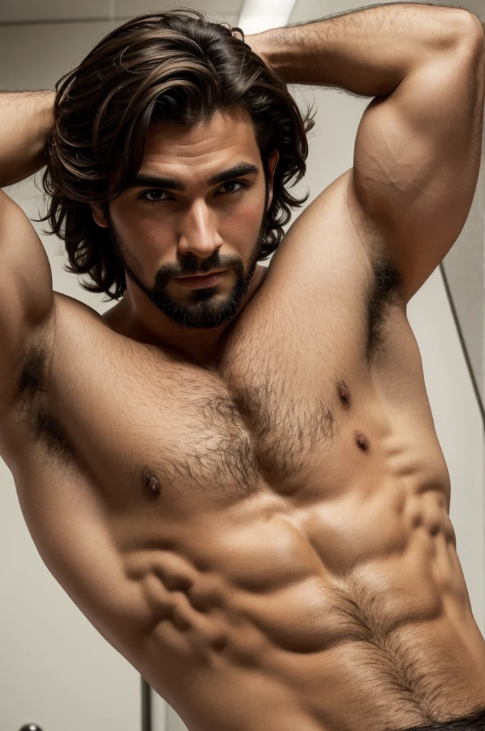 Have a guy with a big penis showing his armpits, both with hair