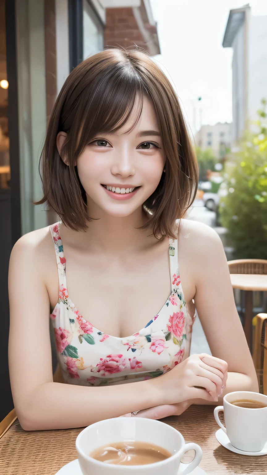 closeup shot , Best picture quality (8K, high resolution, Masterpiece: 1.2), super detailed,  215 Short Hair, 16-year-old woman, 

situation: On the terrace of a café、Women enjoying chatting。
clothing: Floral dress、Sandals、sunglasses。
angle:
Close-up:  A detailed view of a happy, smiling face。
Detailed depiction: The exterior of the cafe in the background、With cups and small items on the table in the background、Emphasise a relaxing moment。
Emotional moment: Laughing with friends、Capturing a happy expression as she takes クッキー。


, Close-up of face :1.5

, random cute pose ,big eyes ,Puffy eyes  Heart Pupil, blush  , huge shy smile , salute

