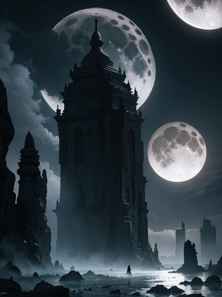 The image depicts a dark fantasy scene under a huge, bright moon.
**Elements:**
* **The Moon:** The scene is dominated by a huge black and white moon, occupying most of the image area.
* **Meteorites:** Black meteorites of different sizes fly around the moon and into the sky, creating a feeling of instability and danger.
* **The Magician:** A mysterious magician wearing a long black robe and holding a wand in his hand stands on a large rock in the foreground of the picture, with his back to the viewer as if looking at the moon and the landscape around him.
* **The Temple:** An eastern temple with two pointed domes appears on the horizon, surrounded by clouds and mist, giving the scene mystery and magic.
* **Nature:** The magician is surrounded by a bleak rocky landscape, bare trees, and a calm river reflecting the moonlight.
**Ambience:**
The picture is dominated by a dark and mysterious atmosphere, suggesting a state of anticipation and anxiety, perhaps due to falling meteorites or the presence of the mysterious magician.
**Interpretation:**
The image could be interpreted as depicting the end of the world or an impending natural disaster, which the magician may be trying to stop or control. It can also refer to the brute strength of nature and the fragility of man in the face of it.