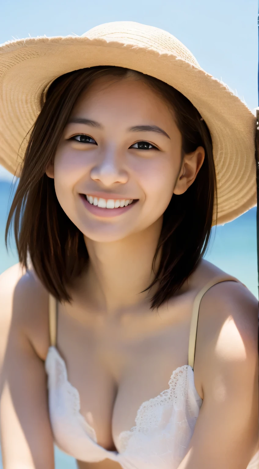 masterpiece,best quality,(Japanese ),((Beautiful girl)),cleavage,(perfect body beauty:1.2),(shy smile),beautiful teeth,(straw hat),(seaside),
