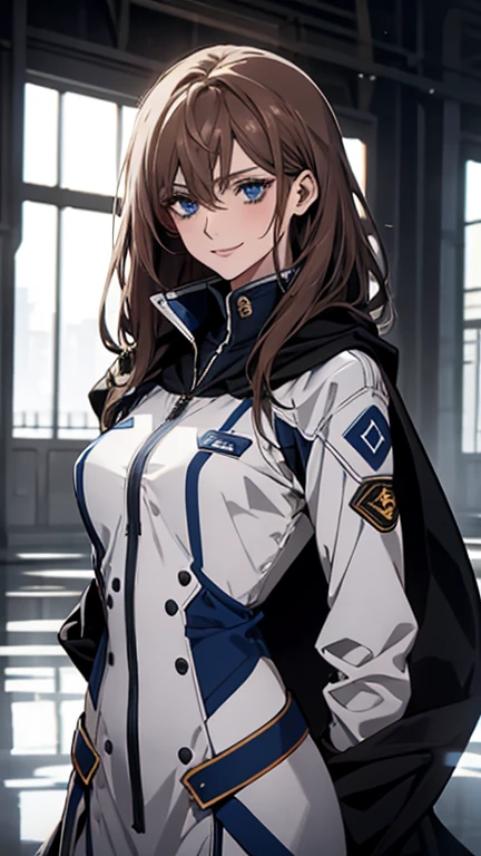 (Highest quality,High resolution,Very detailed),1 Girl, Beautiful and elegant light blue eyes, Brown Hair, Cold Smile,Grudge,be outraged,A long, straight tail tied in the back, Wearing a white and navy flight suit,Wearing a black cloak, Mature Woman, Age 25,Cruel smile, Calm and Calm, Slim figure, Pale complexion, thin, Calm, In the Hangar.operator,secretary
