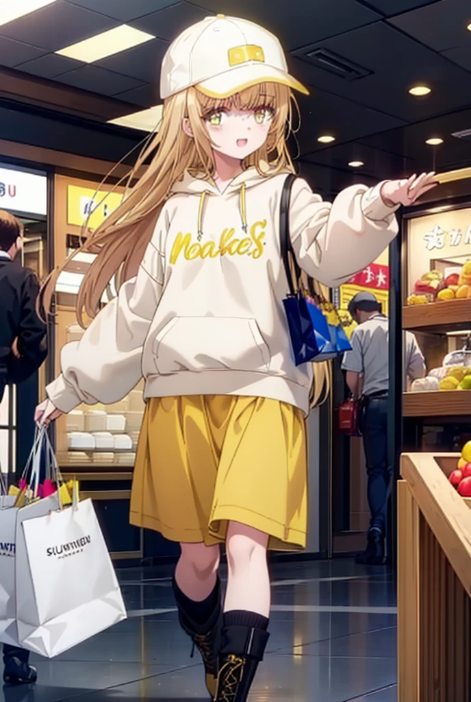 mahirushiina, Mahiru Shiina, bangs, Blonde, Brown Hair, (Yellow Eyes:1.3), happy smile, smile, Open your mouth,Open your mouth,Baseball cap,Oversized yellow hoodie,Short sleeve,mini skirt,black tights,short boots,Walking,Clear skies,Daytime,
break indoors,Shopping mall,
break looking at viewer, whole body,
break (masterpiece:1.2), Highest quality, High resolution, unity 8k wallpaper, (shape:0.8), (Fine and beautiful eyes:1.6), Highly detailed face, Perfect lighting, Highly detailed CG, (Perfect hands, Perfect Anatomy),